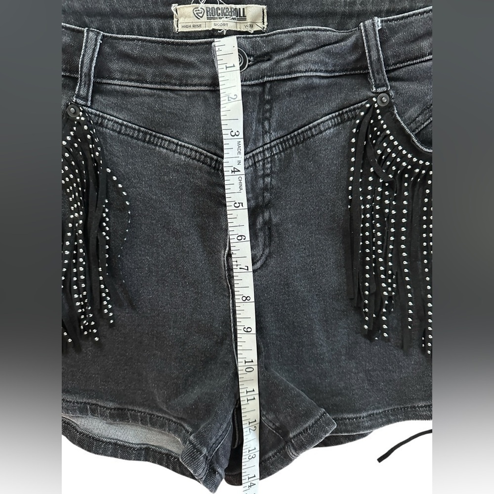 Rock & Roll Denim High Rise Fringe Shorts β Black W33 - Picture 9 of 12